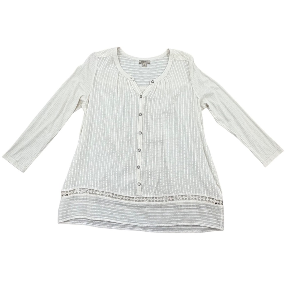 Lucky Brand Henley Top Womens Large Ivory Textured Stripe Crochet Lace Blouse
